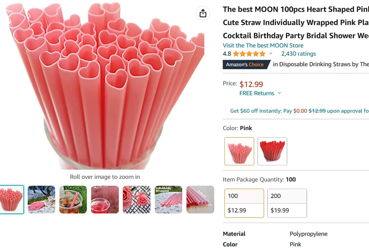 100Pcs Heart Shaped Pink Straws Disposable Cute Straw Individually Wrapped Plastic Pink Straw Party Birthday Party Kids Bridal Shower Wedding