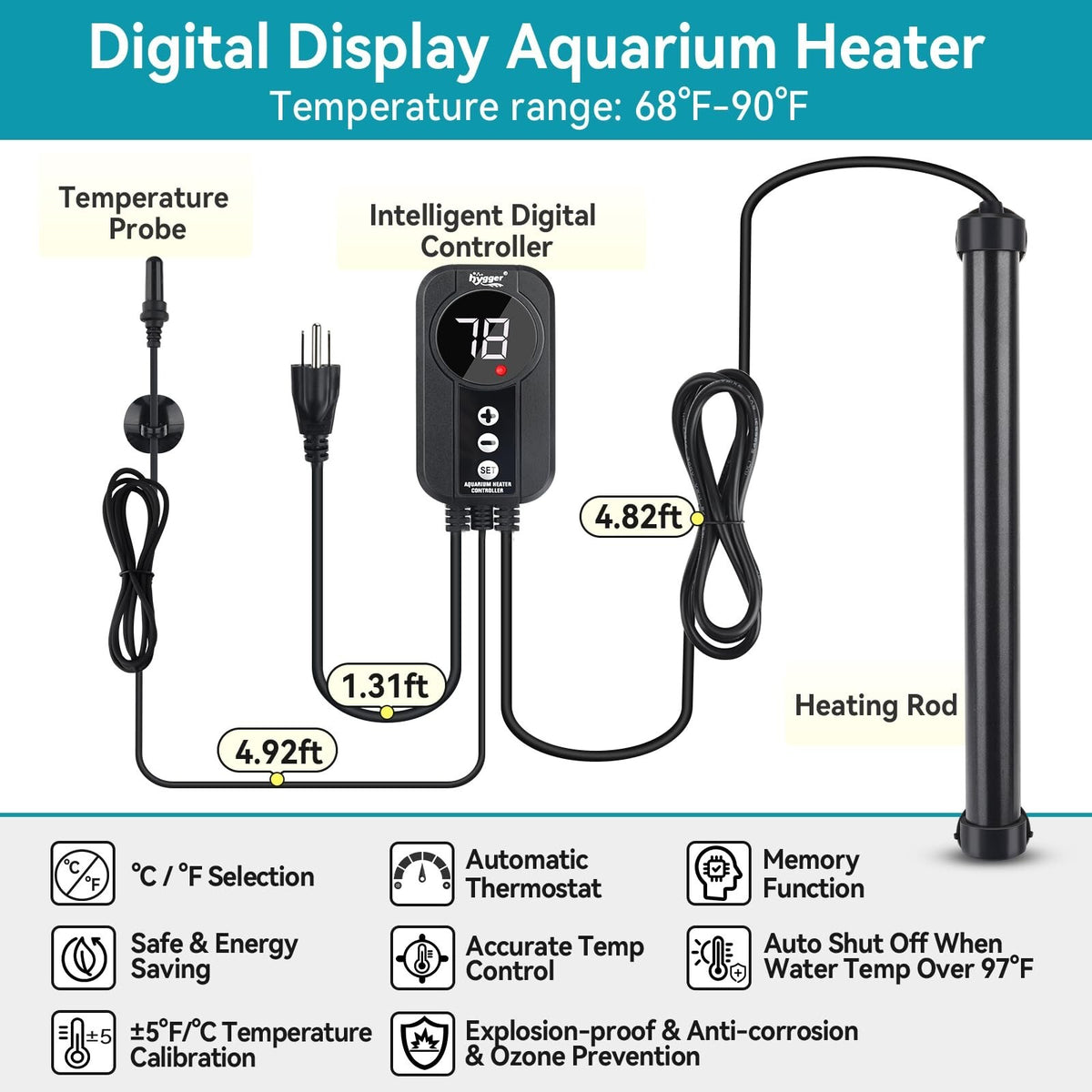 Hygger Marine Aquarium Heater 200W,Titanium Heater with Digital LED Controlle...