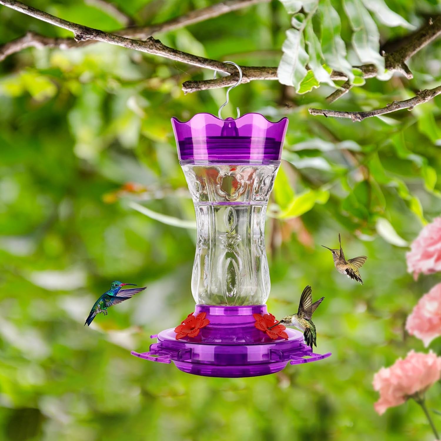 Glass Hummingbird Feeders for Outdoors, Built-In Ant Moat & Leakproof Design,  Hummingbird Feeder with 4 Bee Guard Feeding Ports, 15OZ, Purple, Gifts for Mom Wife Dad, Birthday Gift for Men Women