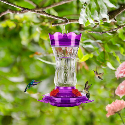 Glass Hummingbird Feeders for Outdoors, Built-In Ant Moat & Leakproof Design,  Hummingbird Feeder with 4 Bee Guard Feeding Ports, 15OZ, Purple, Gifts for Mom Wife Dad, Birthday Gift for Men Women