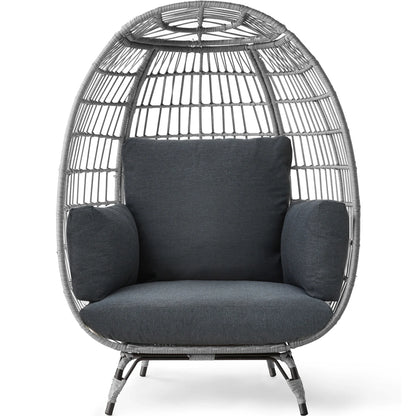 Wicker Egg Chair Oversized Indoor Outdoor Patio Lounger W/ Steel Frame - Gray/Charcoal
