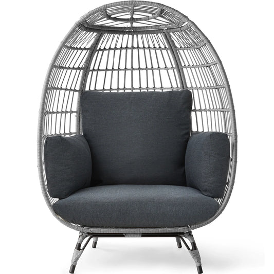 Wicker Egg Chair Oversized Indoor Outdoor Patio Lounger W/ Steel Frame - Gray/Charcoal