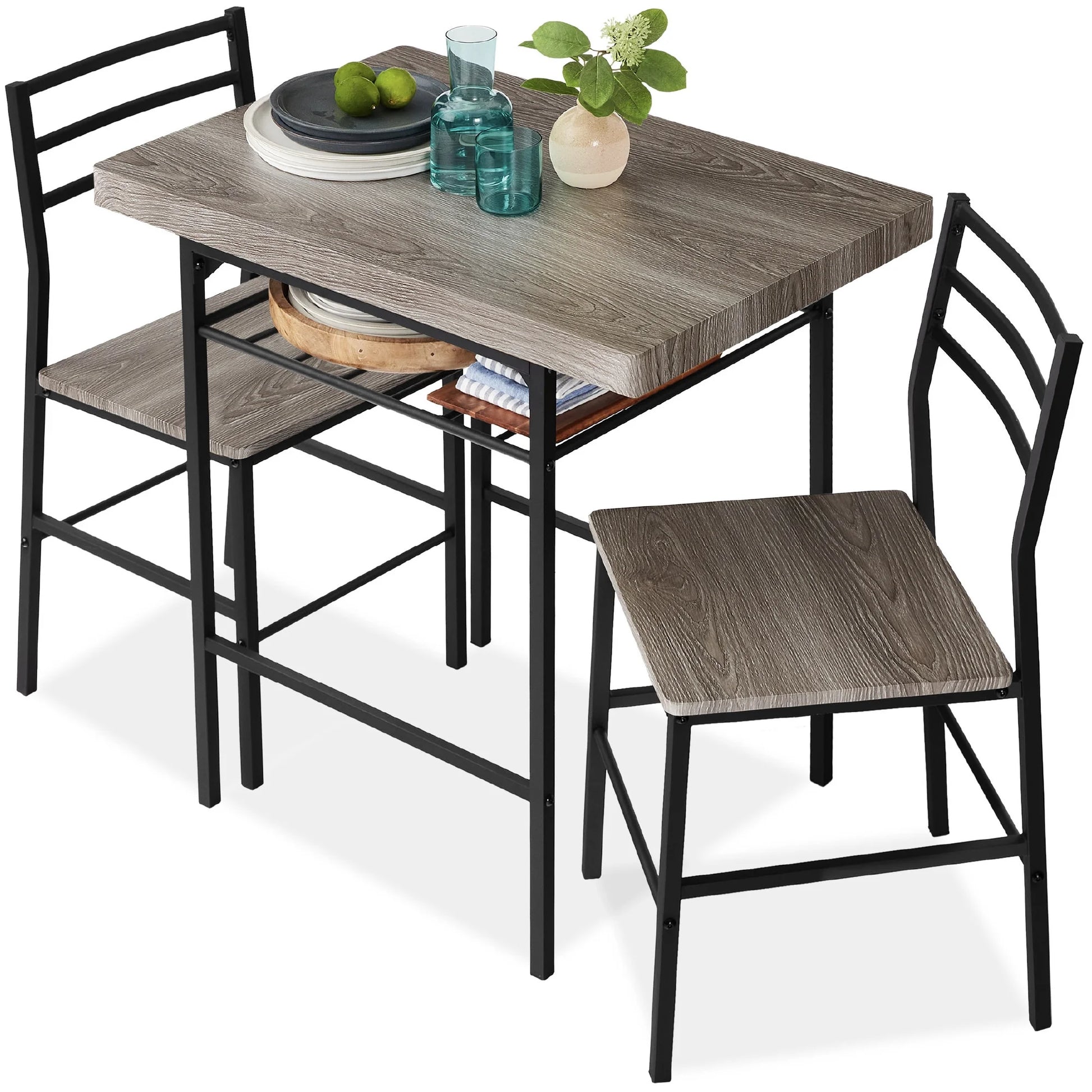 3-Piece Modern Dining Set, Square Table & Chairs Set W/ Steel Frame, Storage Rack - Gray/Black