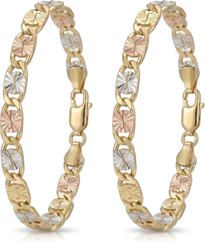 2Pack 14K Gold Tri-Color Mariner Linkbracelet for Women - Polished Floralengraved Three Tone Gold Chain Bracelet,Dainty Jewelry Gift for Her