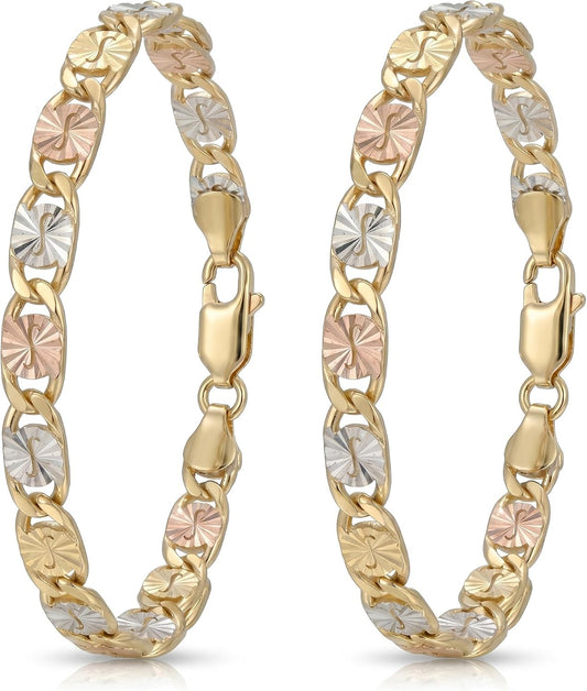 2Pack 14K Gold Tri-Color Mariner Linkbracelet for Women - Polished Floralengraved Three Tone Gold Chain Bracelet,Dainty Jewelry Gift for Her