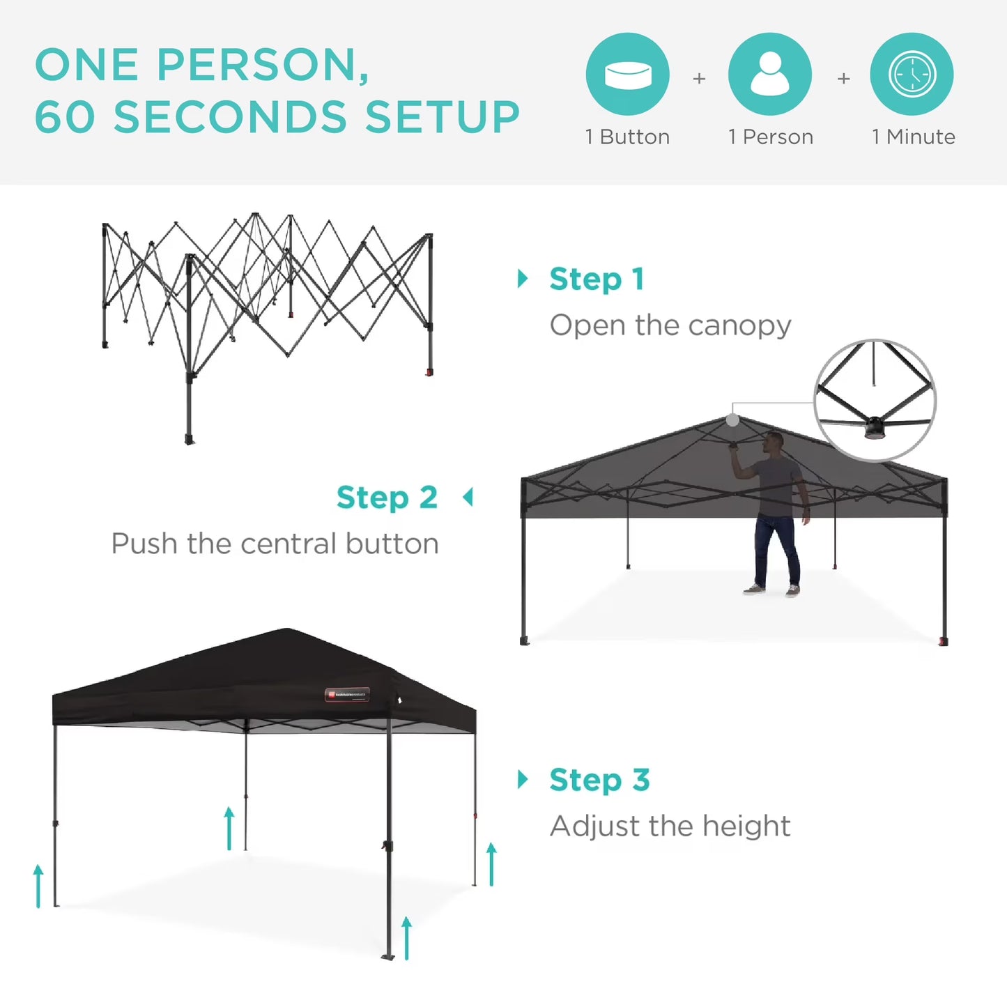 10X10Ft Easy Setup Pop up Canopy W/ 1-Button Setup, Wheeled Case, 4 Weight Bags - Black
