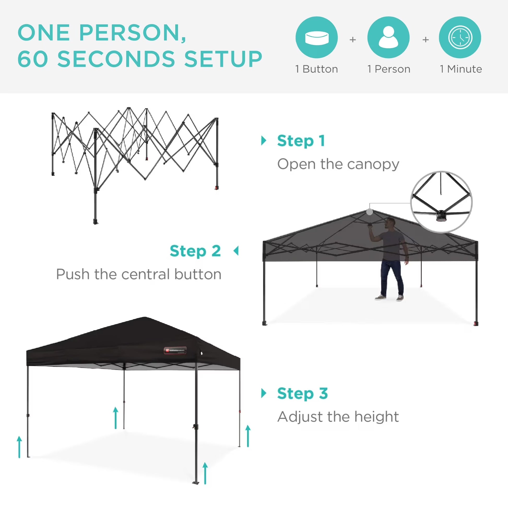 10X10Ft Easy Setup Pop up Canopy W/ 1-Button Setup, Wheeled Case, 4 Weight Bags - Black