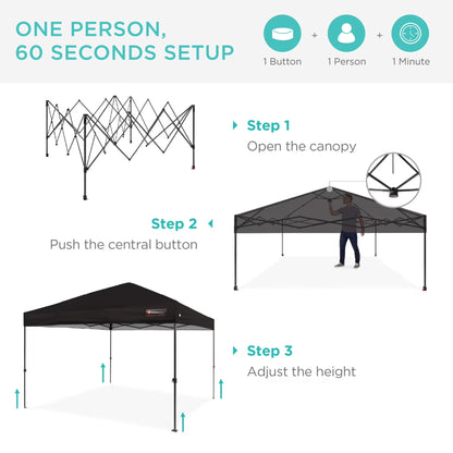 10X10Ft Easy Setup Pop up Canopy W/ 1-Button Setup, Wheeled Case, 4 Weight Bags - Black