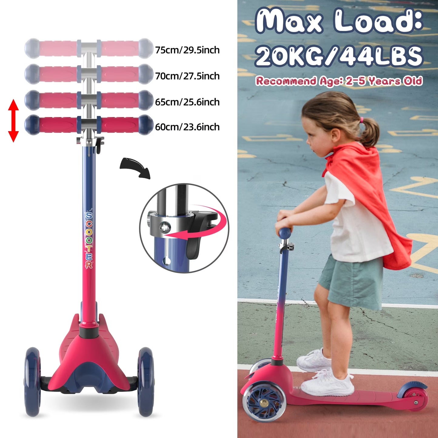 3 Wheel Scooter for Kids, Kick Scooter with Adjustable Height Light up LED Wheels for Boys Girls, Best Gift for Boys Girls Outdoor Activities, Red