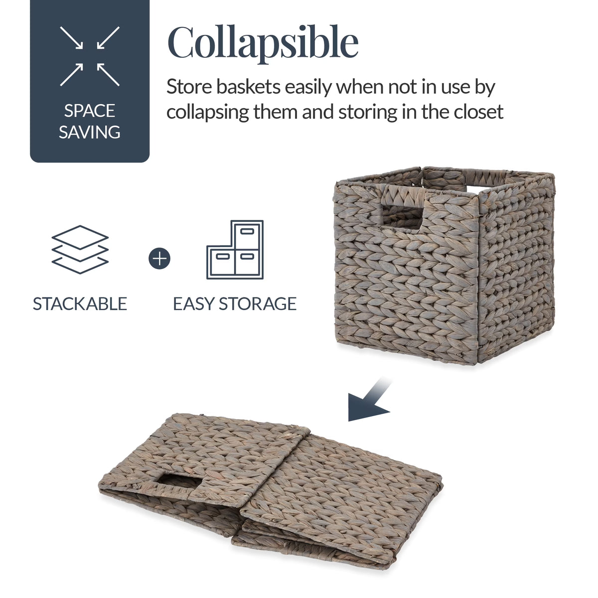 12X12In Hyacinth Baskets, Set of 5 Multipurpose Collapsible Organizers W/ Inserts - Gray