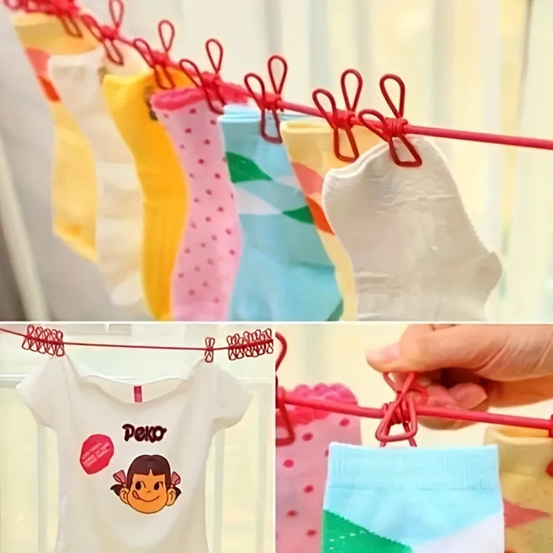 1Pc Portable Clothesline with 12 Clips Polychrome Outdoor No Punching Required Travel Camp Retractable Clothes Rope Drying Rack