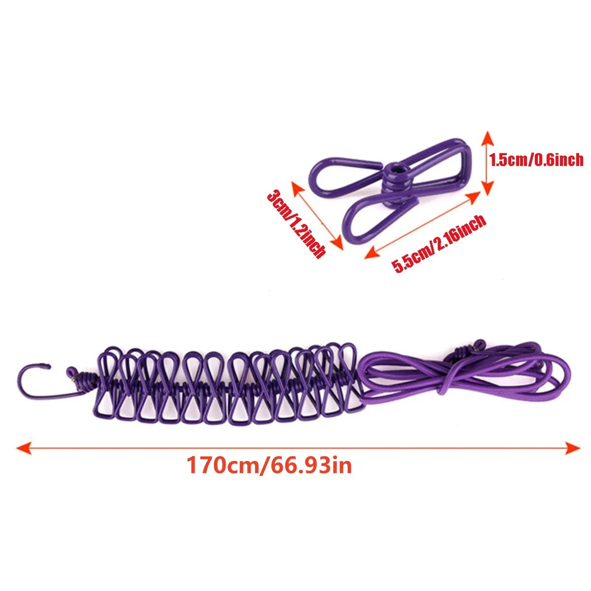 1Pc Portable Clothesline with 12 Clips Polychrome Outdoor No Punching Required Travel Camp Retractable Clothes Rope Drying Rack
