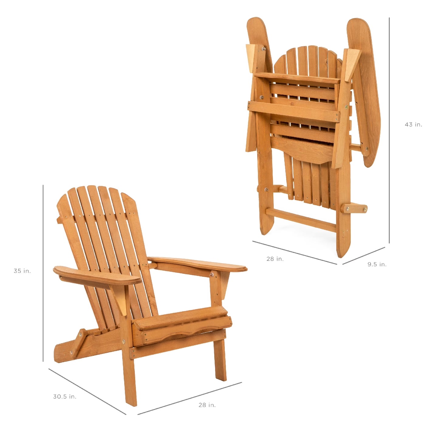 Folding Adirondack Chair Outdoor, Wooden Accent Lounge Furniture W/ 350Lb Capacity - Natural