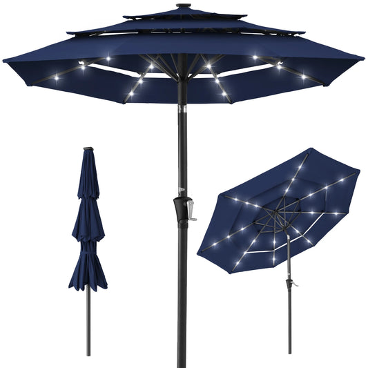 10Ft 3-Tier Solar Patio Umbrella W/ 24 LED Lights, Tilt Adjustment, Easy Crank - Navy Blue