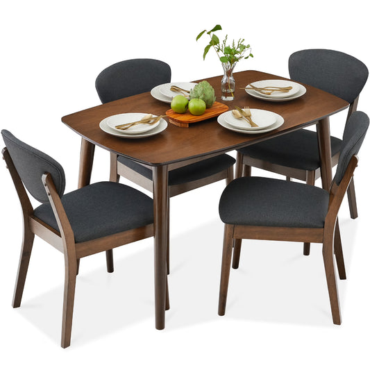5-Piece Compact Wooden Mid-Century Modern Dining Set W/ 4 Chairs, Padded Seat & Back - Walnut/Cream