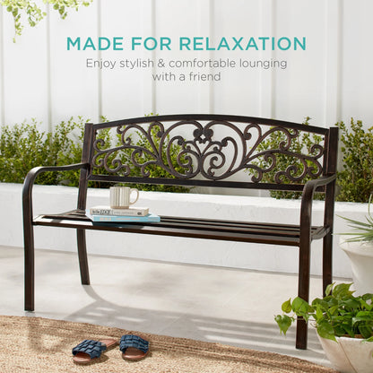 Outdoor Steel Bench Garden Patio Porch Furniture W/ Floral Design Backrest - Black