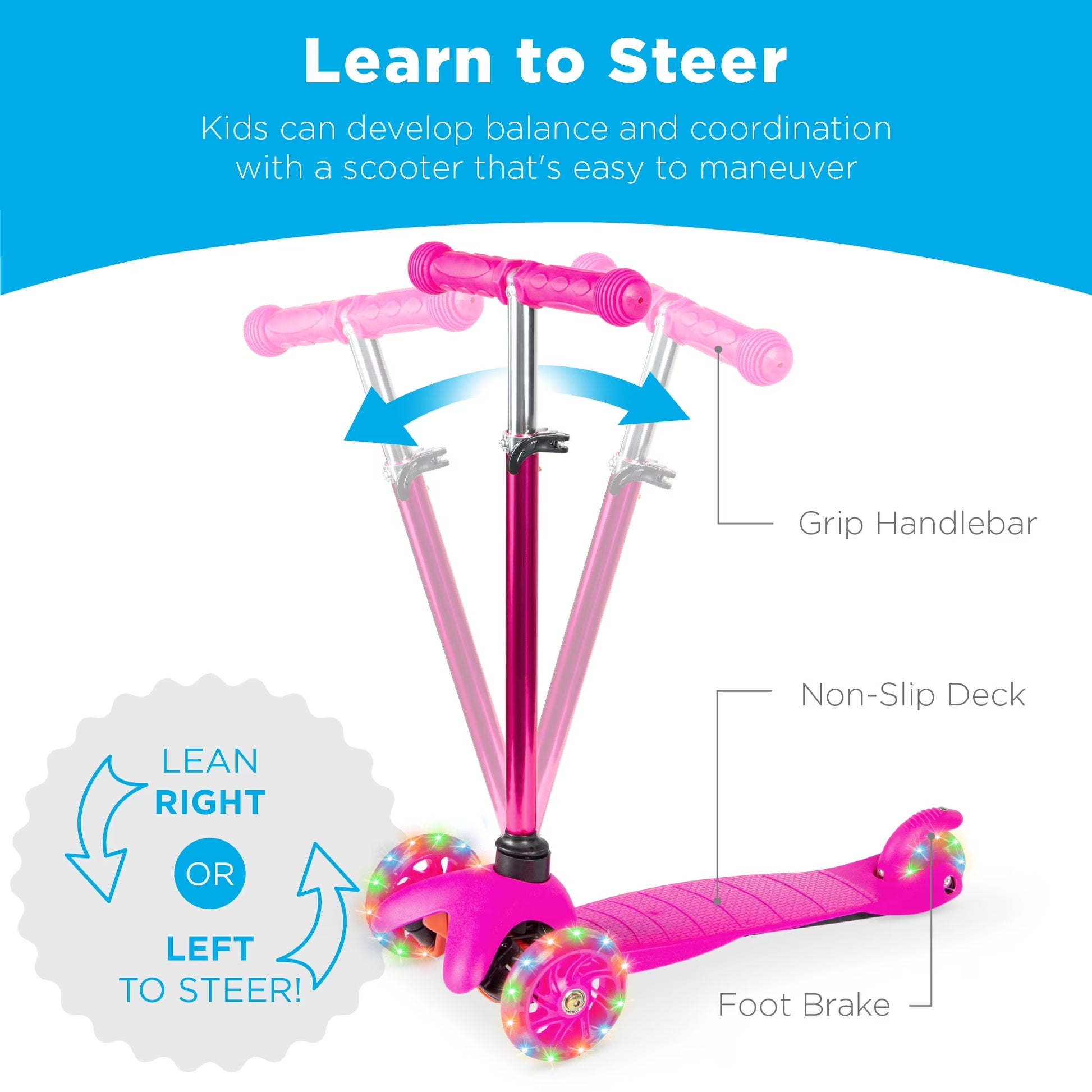 Kids Mini Kick Scooter Toy W/ Light-Up Wheels and Height Adjustable T-Bar - Pink