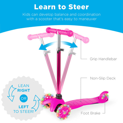Kids Mini Kick Scooter Toy W/ Light-Up Wheels and Height Adjustable T-Bar - Pink