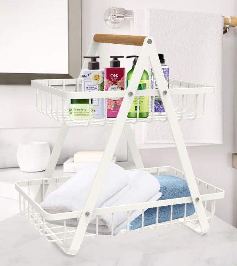 2-Tier Countertop Fruit Basket, Detachable Metal Rectangular Fruit Bowl with Portable Wooden Handle, Multi-Purpose Storage Organizer for Kitchen, Dining Room,Fruits,Vegetables, Bread & Snacks