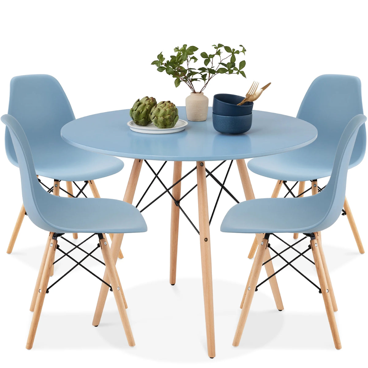 5-Piece Compact Mid-Century Modern Dining Set W/ 4 Chairs, Wooden Legs - White/Walnut