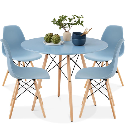 5-Piece Compact Mid-Century Modern Dining Set W/ 4 Chairs, Wooden Legs - White/Walnut