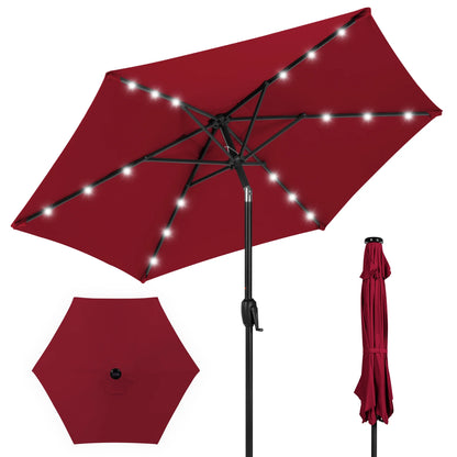 7.5Ft Outdoor Solar Patio Umbrella for Deck, Pool W/ Tilt, Crank, LED Lights - Burgundy
