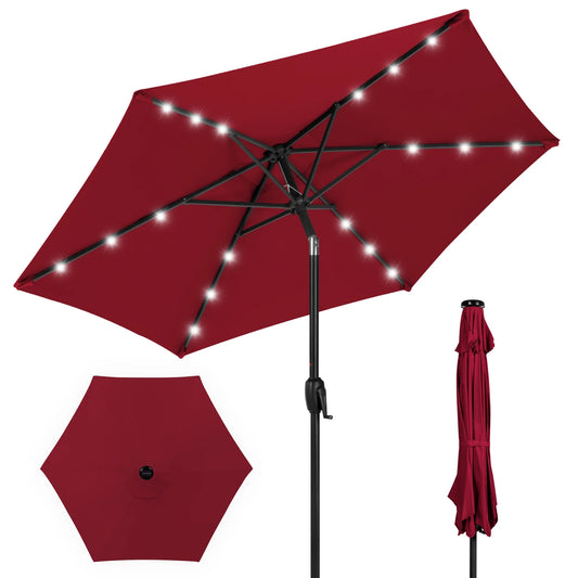 7.5Ft Outdoor Solar Patio Umbrella for Deck, Pool W/ Tilt, Crank, LED Lights - Burgundy