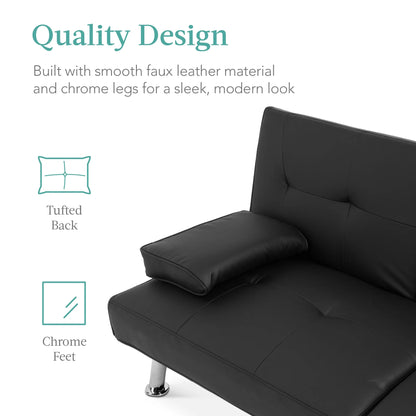 Modern Faux Leather Convertible Futon Sofa W/ Removable Armrests, 2 Cupholders - Black