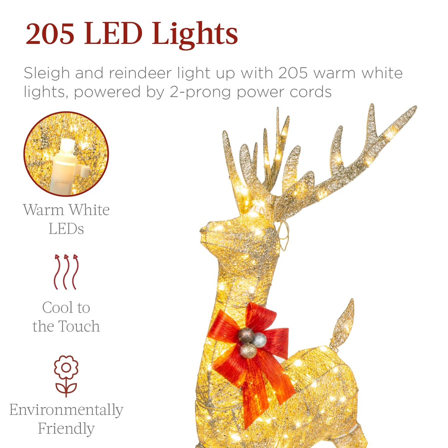 Lighted Christmas 4Ft Reindeer & Sleigh Holiday Outdoor Decor Set W/205 LED Lights, Stakes - Gold