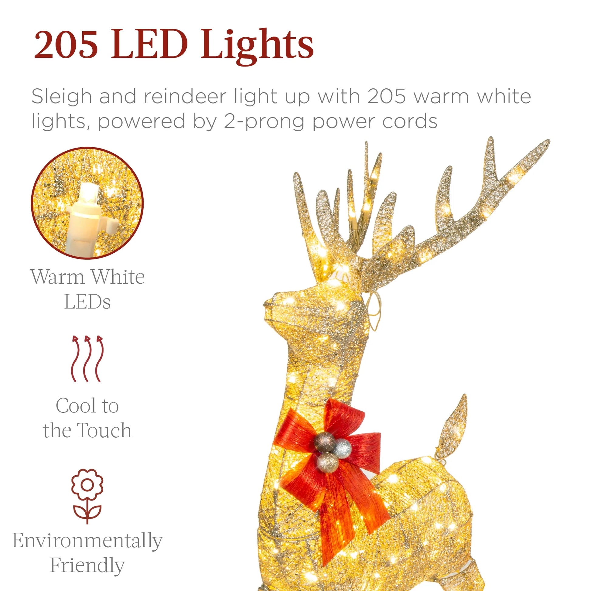 Lighted Christmas 4Ft Reindeer & Sleigh Holiday Outdoor Decor Set W/205 LED Lights, Stakes - Gold