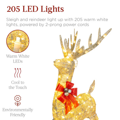 Lighted Christmas 4Ft Reindeer & Sleigh Holiday Outdoor Decor Set W/205 LED Lights, Stakes - Gold