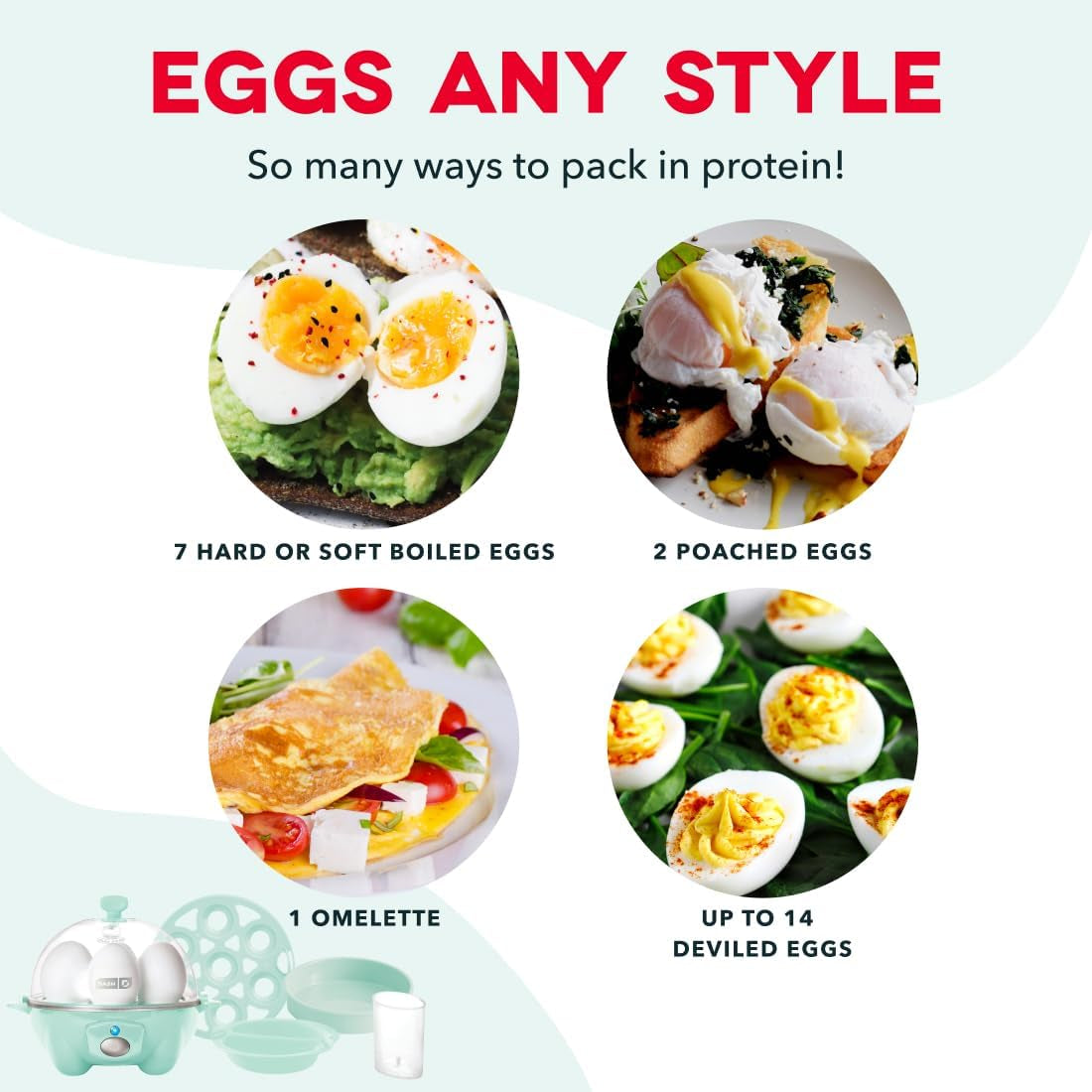 Rapid Egg Cooker - Boiler, Poacher & Steamer - Includes Measuring & Recipe Guide - Dishwasher Safe - BPA Free - Holds 7 Eggs, Aqua