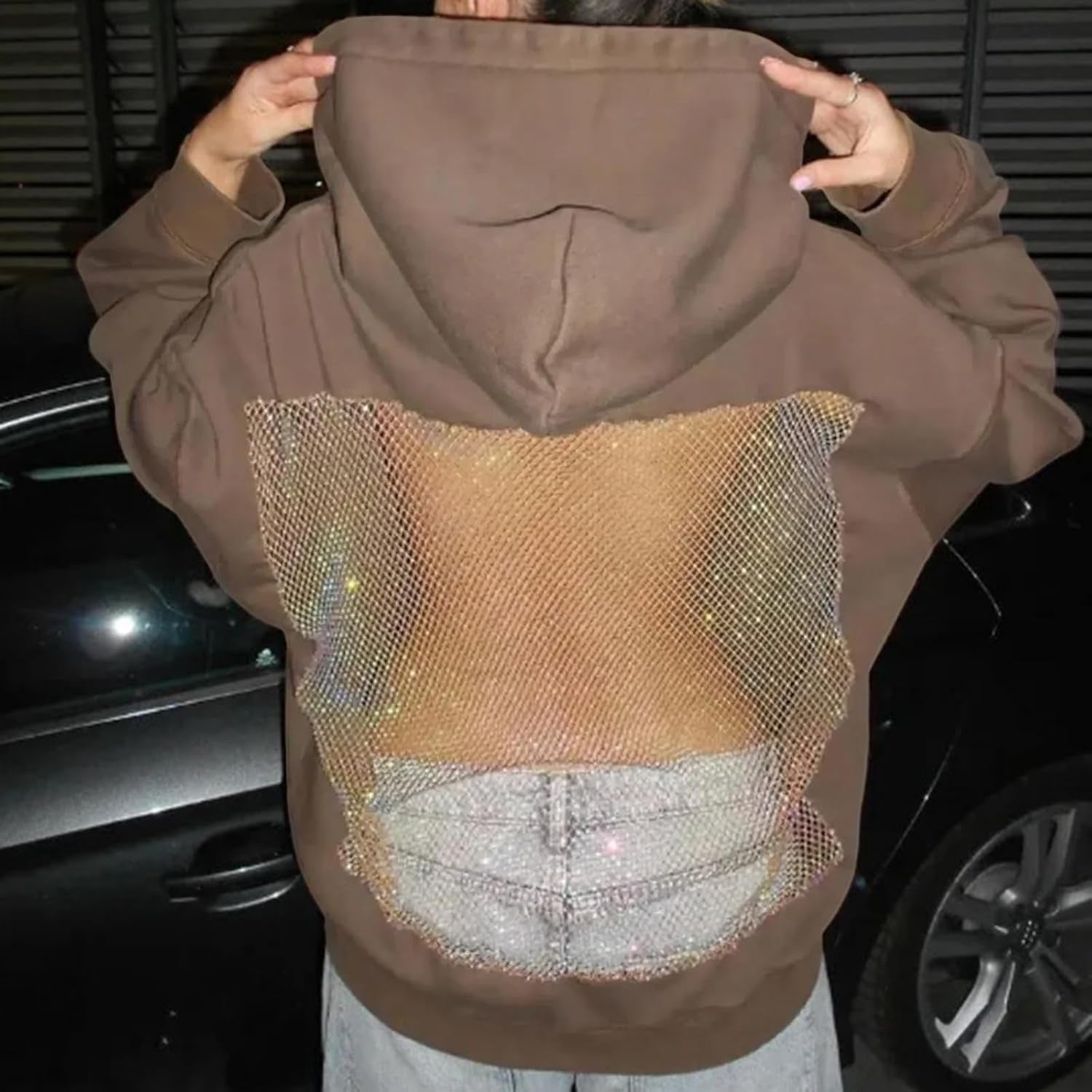 Crystal Mesh Back Hoodie Women Hollow Backless Oversized Sweatshirts with Pocket Y2K Party Sparkly Fleece Pullover