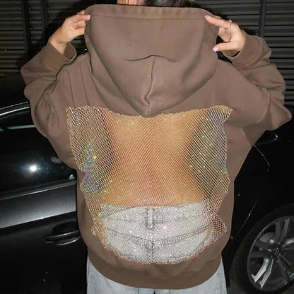 Crystal Mesh Back Hoodie Women Hollow Backless Oversized Sweatshirts with Pocket Y2K Party Sparkly Fleece Pullover