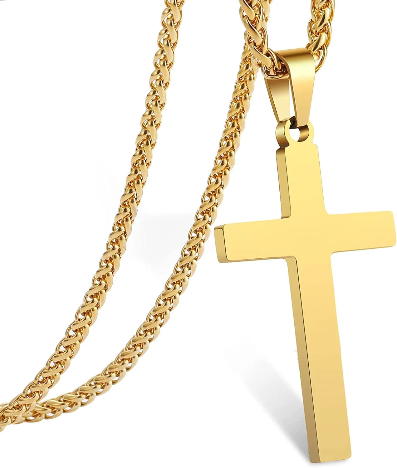 Gold Cross Necklaces for Men Boys Stainless Steel Cross Pendant Chain Catholic Religious Christian Birthday First Communion Confirmation Graduation Fathers Day Jewelry Gifts Teen Him Dad Kids