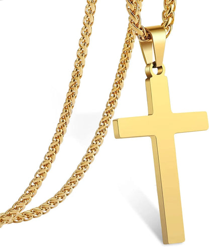 Gold Cross Necklaces for Men Boys Stainless Steel Cross Pendant Chain Catholic Religious Christian Birthday First Communion Confirmation Graduation Fathers Day Jewelry Gifts Teen Him Dad Kids