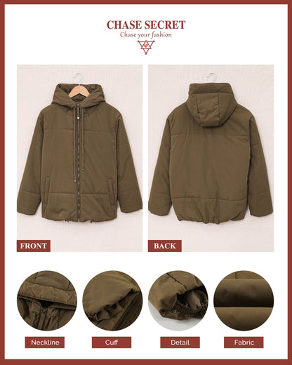 Full Zipper Puffer Jacket for Women Cropped Hooded Puffer Coat Winter Warm with Pockets Petite
