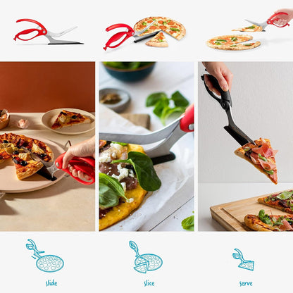 Scizza 2-In-1 Easy Ergonomic Pizza Scissors with Stainless Steel Pizza Cutter Blades & Non-Stick Slice Server - Red | Cuts and Serves Pizza with Non-Scratch, Heat Resistant Serving Base, Spring-Loaded German Stainless Steel Blades