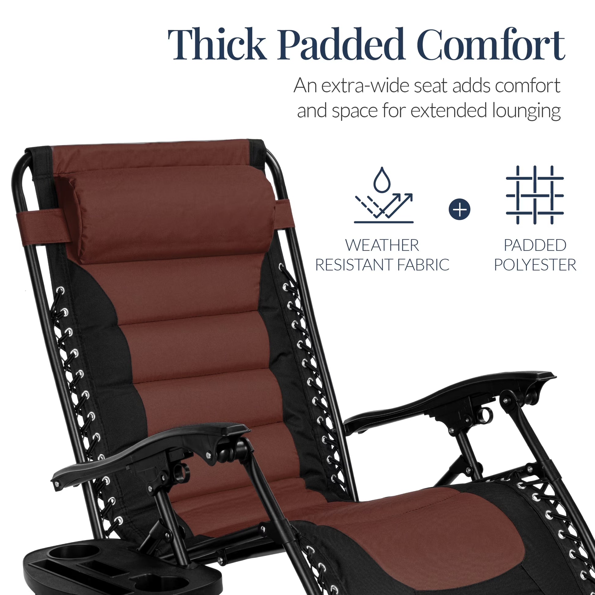 Oversized Padded Zero Gravity Chair, Folding Outdoor Patio Recliner W/ Side Tray - Brown