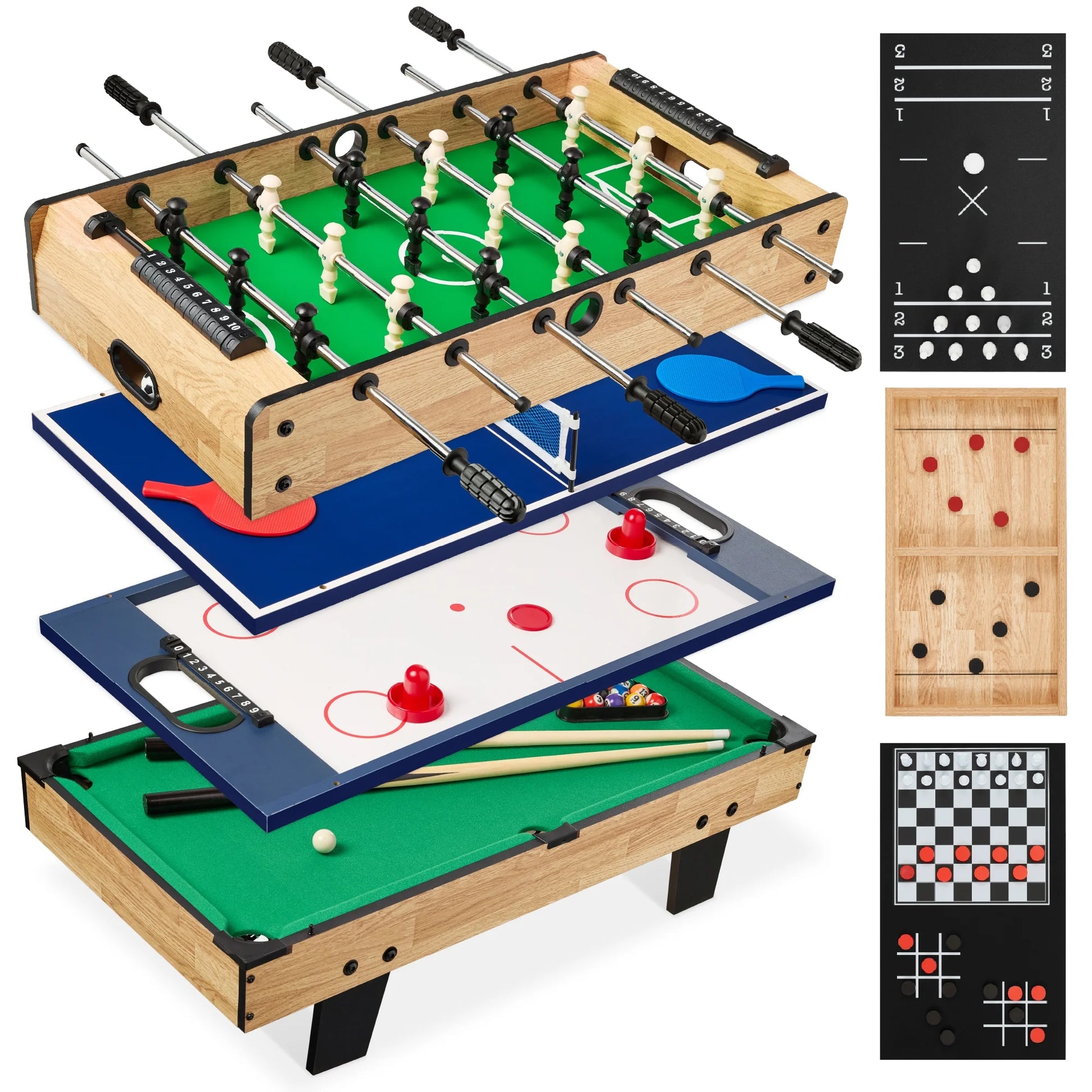 11-In-1 Kids Combo Game Set W/ Ping Pong, Foosball, Air Hockey, 5 Accessory Bags - Light Wood