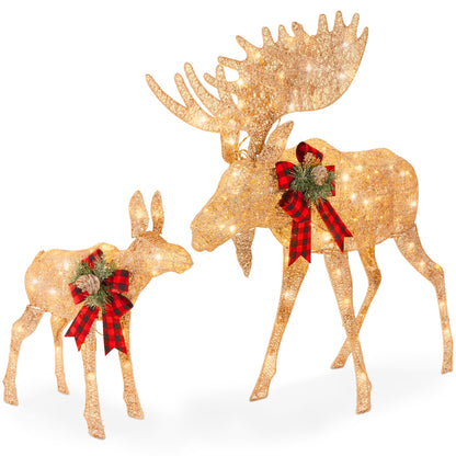 2-Piece Moose Family Lighted Christmas Yard Decor Set W/ 170 LED Lights, Stakes, Zip Ties - Gold
