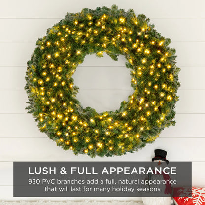 60In Artificial Pre-Lit Fir Christmas Wreath Decoration W/ 375 LED Lights, 930 Tips, Power Plug-In