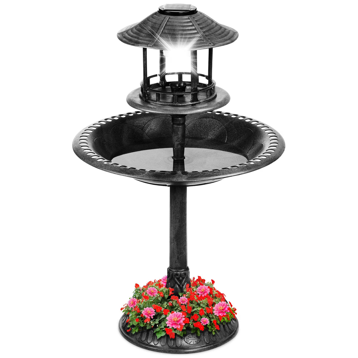 Solar Outdoor Bird Bath Pedestal Fountain Garden Decoration W/ Fillable Planter Base - Bronze
