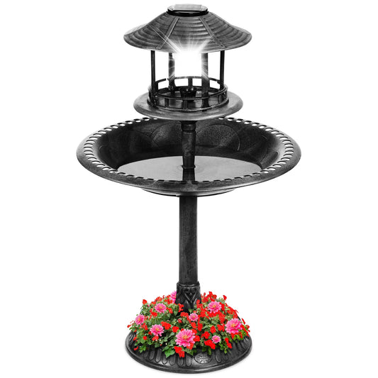 Solar Outdoor Bird Bath Pedestal Fountain Garden Decoration W/ Fillable Planter Base - Bronze