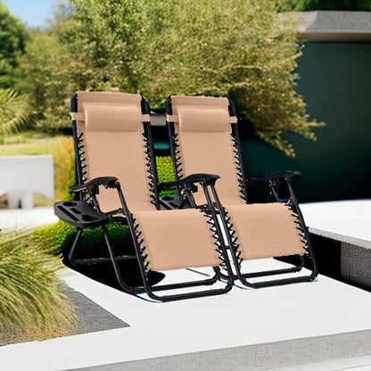 Best Choice Products Set of 2 Adjustable Steel Mesh Zero Gravity Lounge Chair Recliners W/Pillows and Cup Holder Trays - Beige