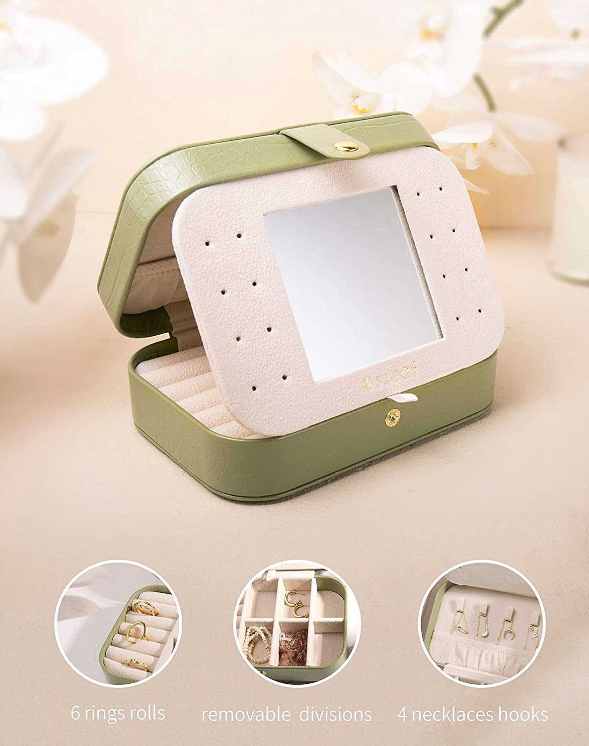 Travel Jewelry Organizer Boxes for Women Small Portable Necklace Earrings Bracelet Rings Travel Case Best Friend Birthday Gifts for Women Trendy (14_Crocodile_Avocade_Big)
