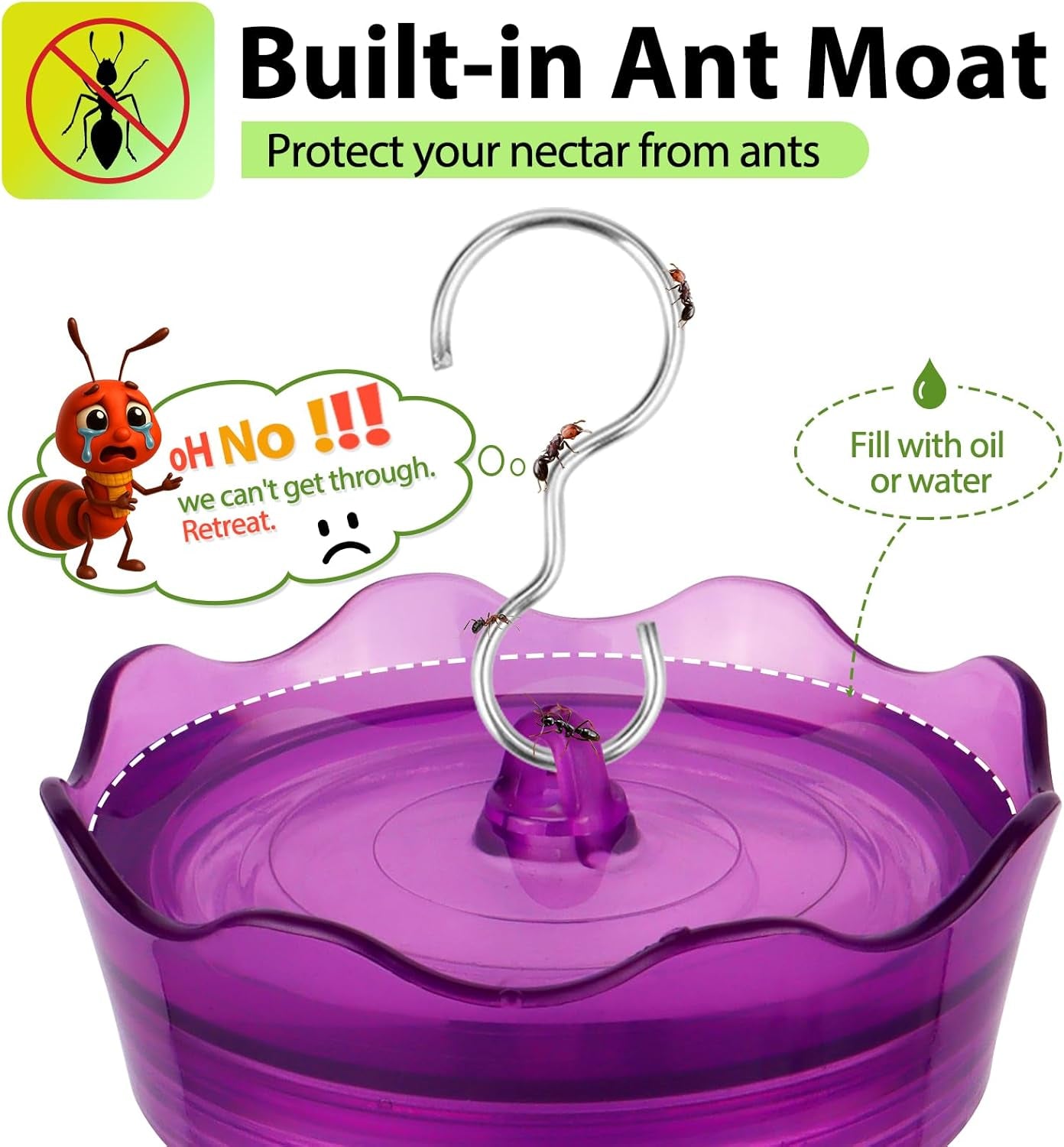 Glass Hummingbird Feeders for Outdoors, Built-In Ant Moat & Leakproof Design,  Hummingbird Feeder with 4 Bee Guard Feeding Ports, 15OZ, Purple, Gifts for Mom Wife Dad, Birthday Gift for Men Women