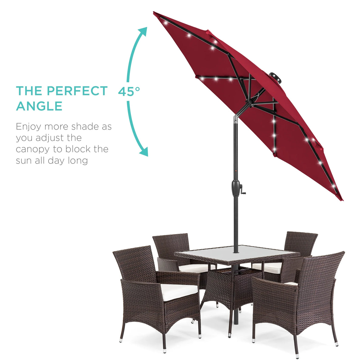 7.5Ft Outdoor Solar Patio Umbrella for Deck, Pool W/ Tilt, Crank, LED Lights - Burgundy