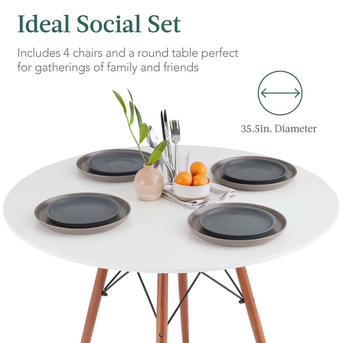 5-Piece Compact Mid-Century Modern Dining Set W/ 4 Chairs, Wooden Legs - White/Walnut