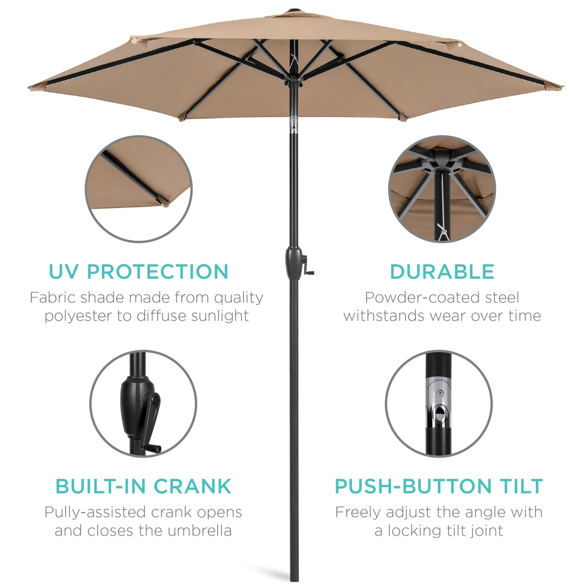 7.5Ft Heavy-Duty Outdoor Market Patio Umbrella W/ Push Button Tilt, Easy Crank - Tan